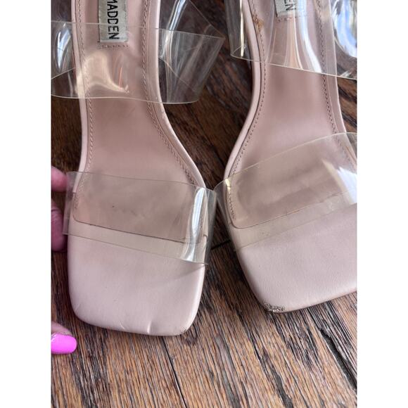 Steve Madden Clear Strap Lucite Heel Sandals – Nude Slip-On Mules - Picture 5 of 6